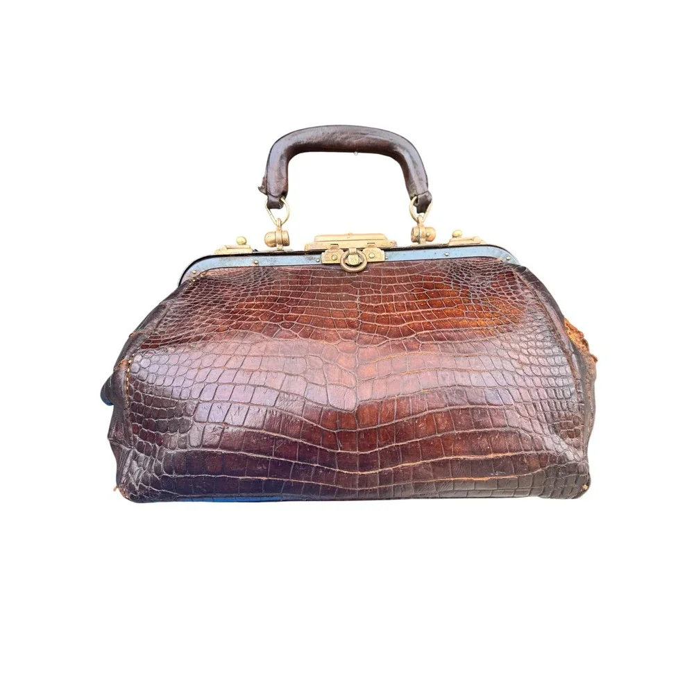 Antique Alligator Skin Doctor Bag Brown Leather Brass Hardware Restoration Prop